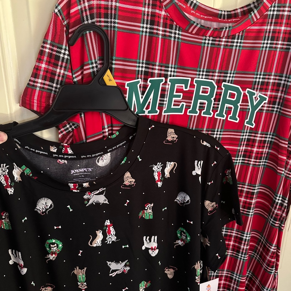 Merry Plaid and Festive Animal T-Shirts, Joyspun L-XL. NWT